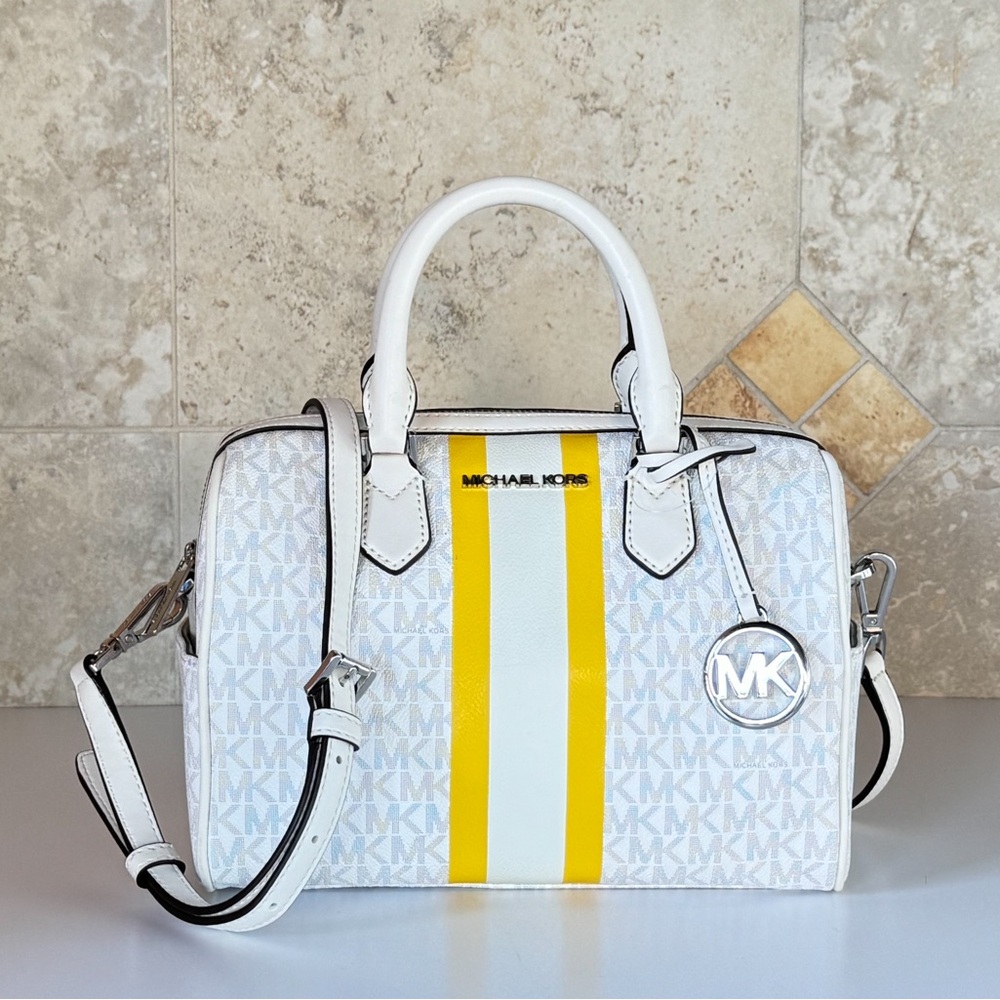 Michael Kors Bedford Small Duffle Shoulder Bag MK Center Stripe White Multi